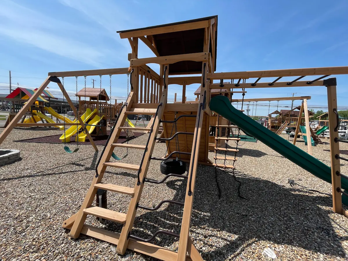 outdoor wooden swing set with slide