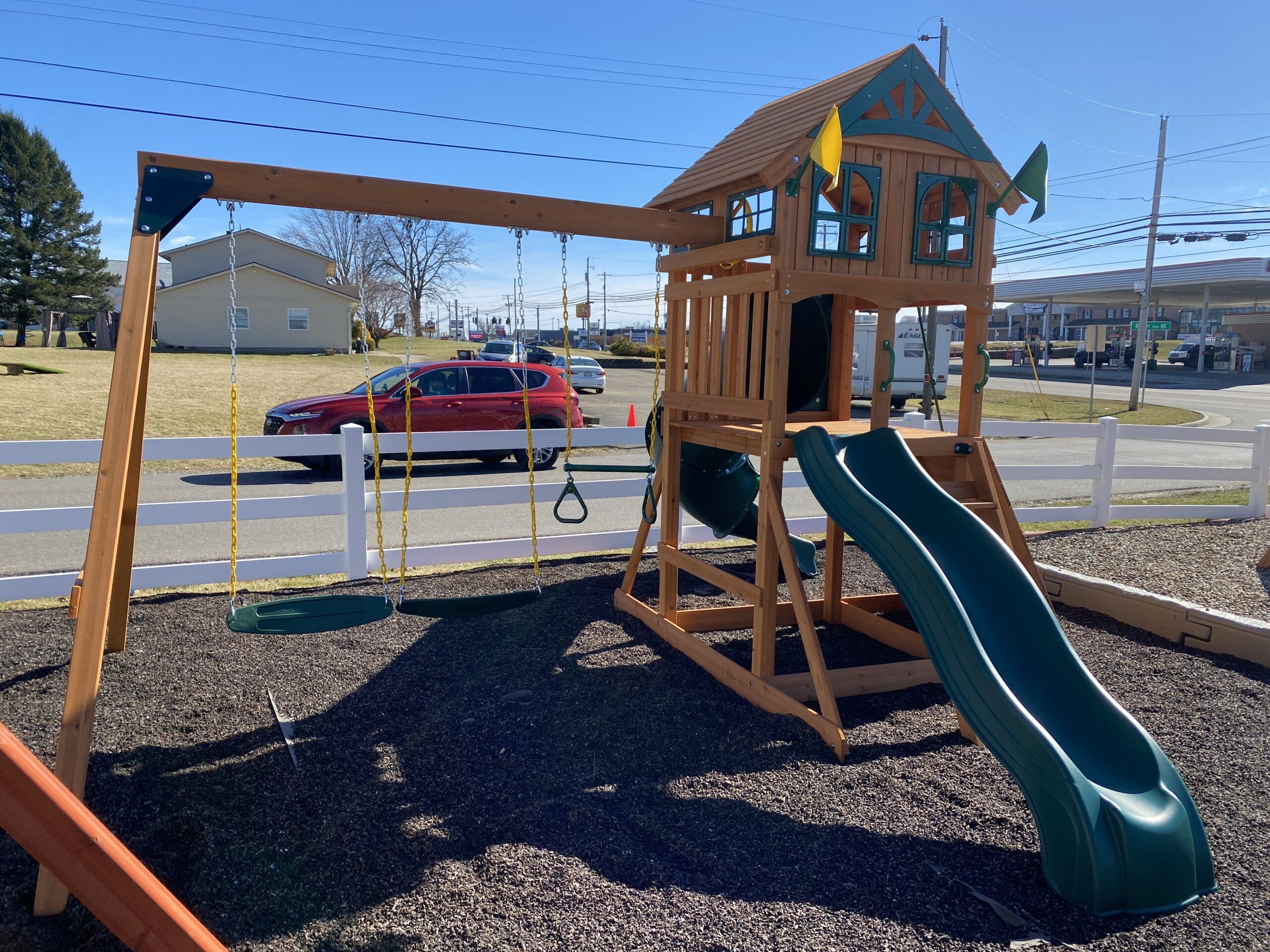 swing set with tube slide and multiple swings