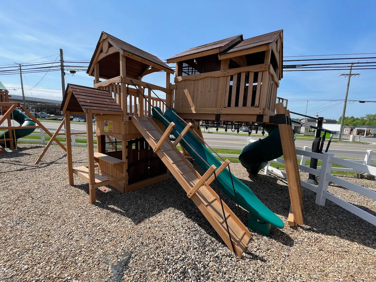 wooden outdoor swing set with slide