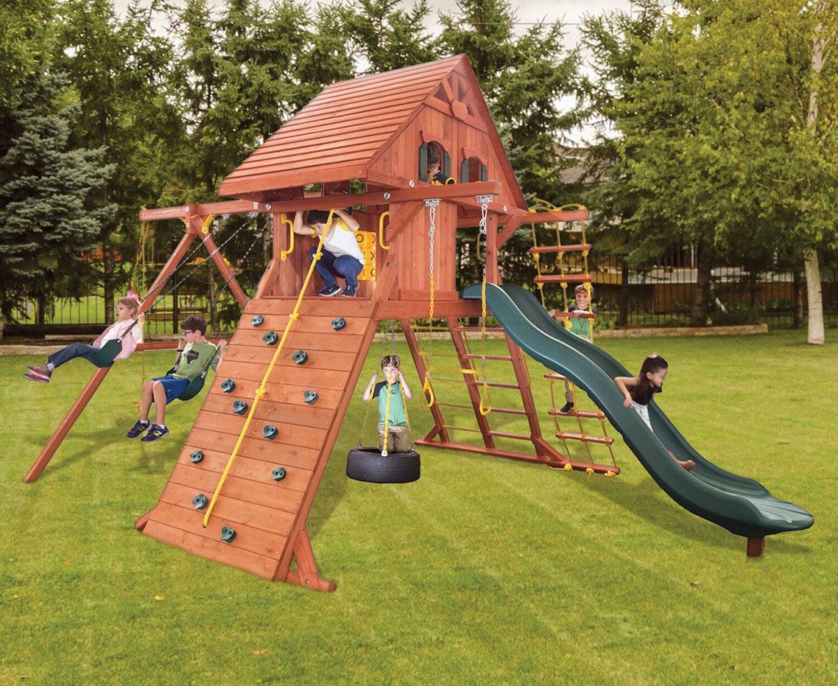 wood swing and slide set